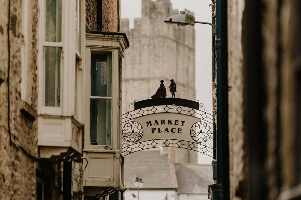 Richmond Market Place sign Richmond Castle in background